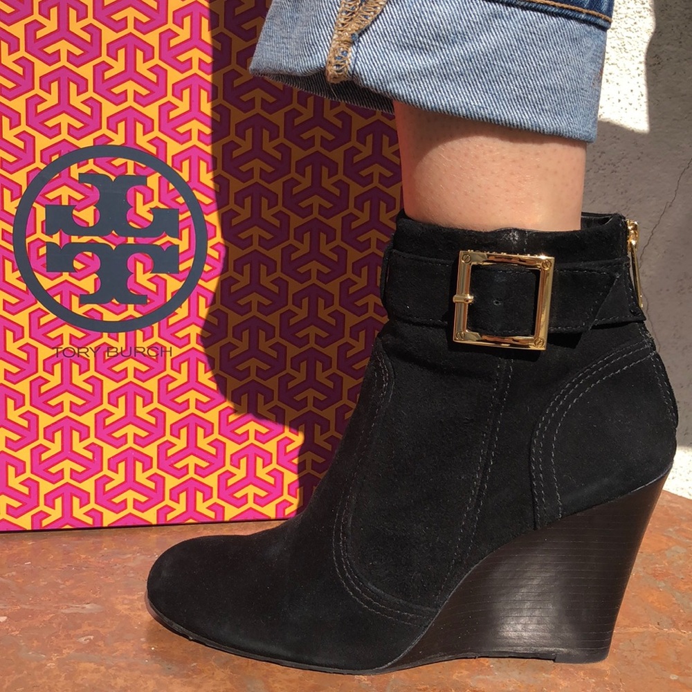 Versatile black suede booties with gold accents